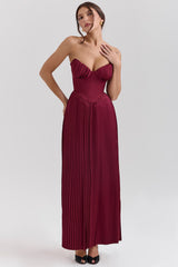 berry pleated satin maxi dress